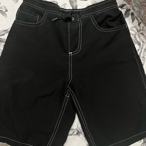 True Religion Black Swim Shorts with White Stitching